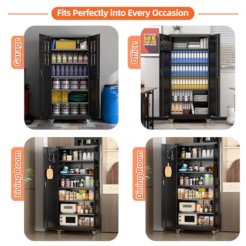 71" Metal Storage Cabinet with Wheels and Pegboard, Lockable Rolling Steel Storage Cabinet with 5 Adjustable Shelves and Door for Garage, Office