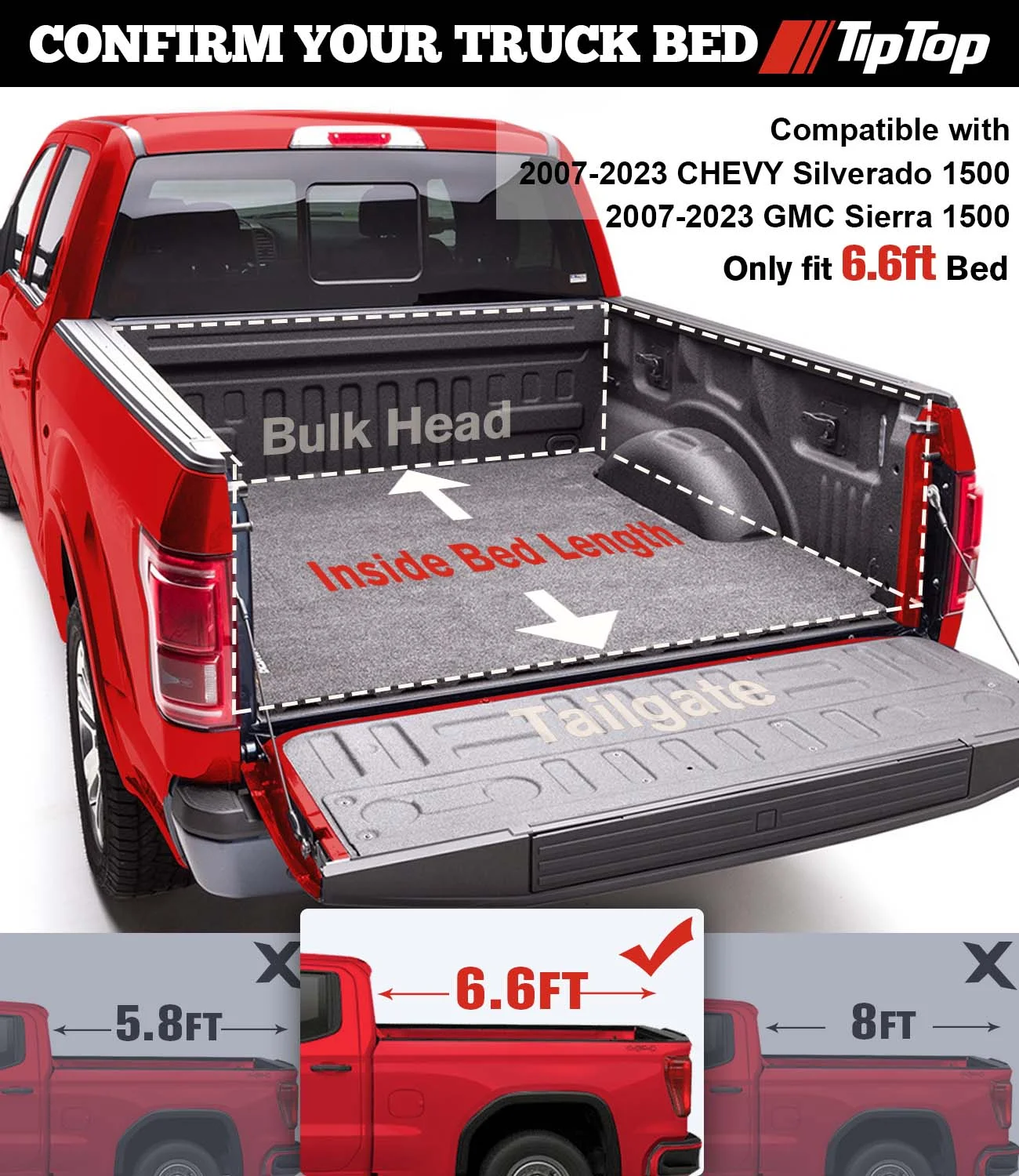 TIPTOP Tri-Fold Hard Tonneau Cover Truck Bed FRP On Top For 2007-2023 CHEVY Silverado 1500 & GMC Sierra 1500 with 6.6ft Bed (78.9") |Not for
