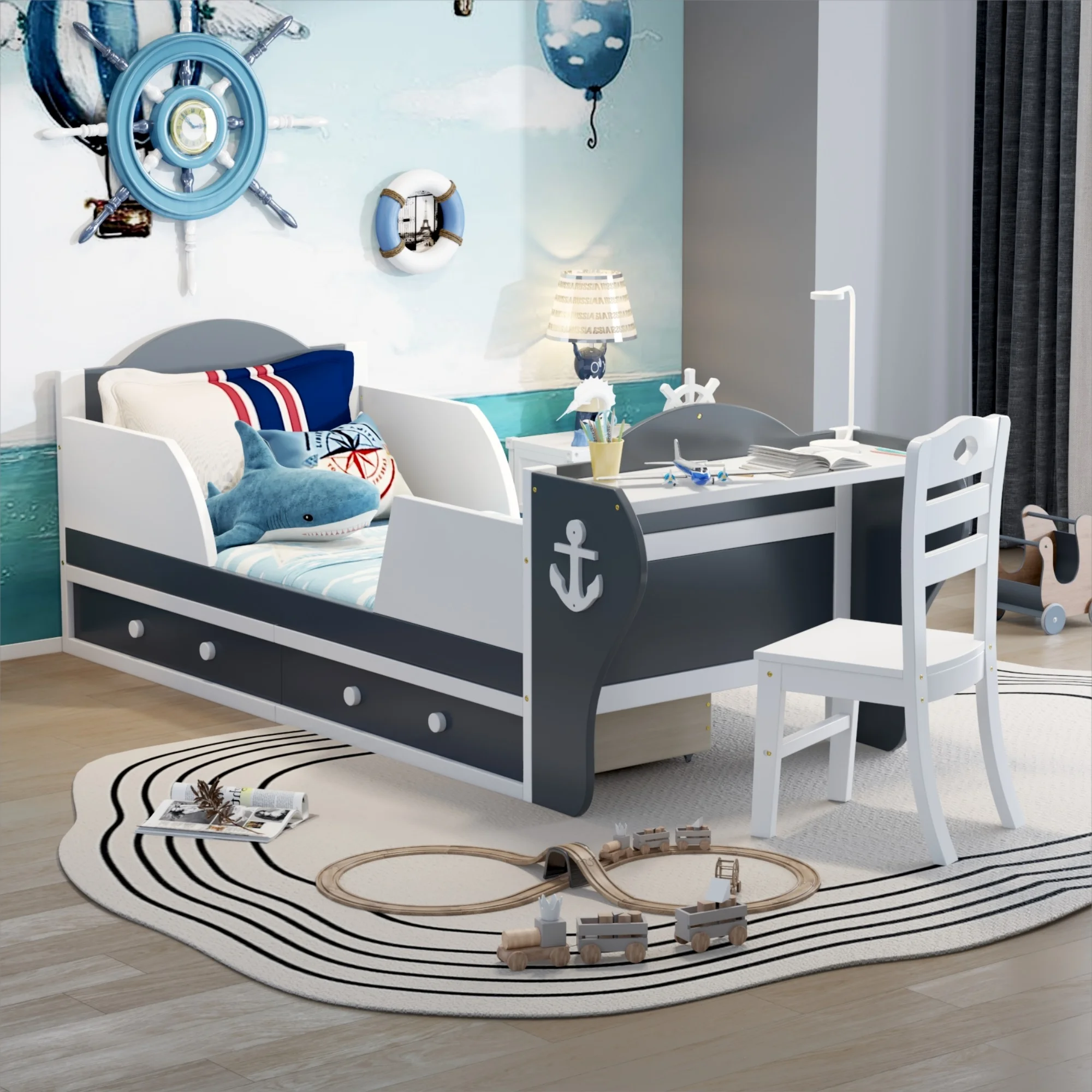 CoSoTower Twin Size Boat-Shaped Platform Bed with Two Drawers,Twin Bed with Desk and Chair for Bedroom,White+Gray