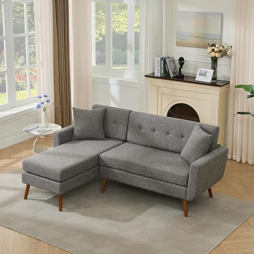 Tbfit L Shaped Couch Sofa, 80" W Mid-Century Modern Sectional Couches, 3 Seater Sofas with Wide Chaise Lounge & Two Pillows
