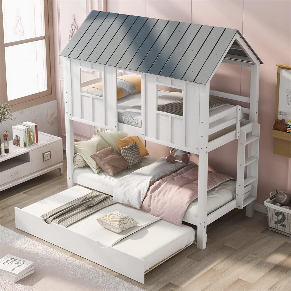 TRIPLE TREE Wood House Bunk Bed with Trundle, Twin Over Twin Bunk Bed with Full-Length Guardrails and A Ladder for Child Girls and Boys