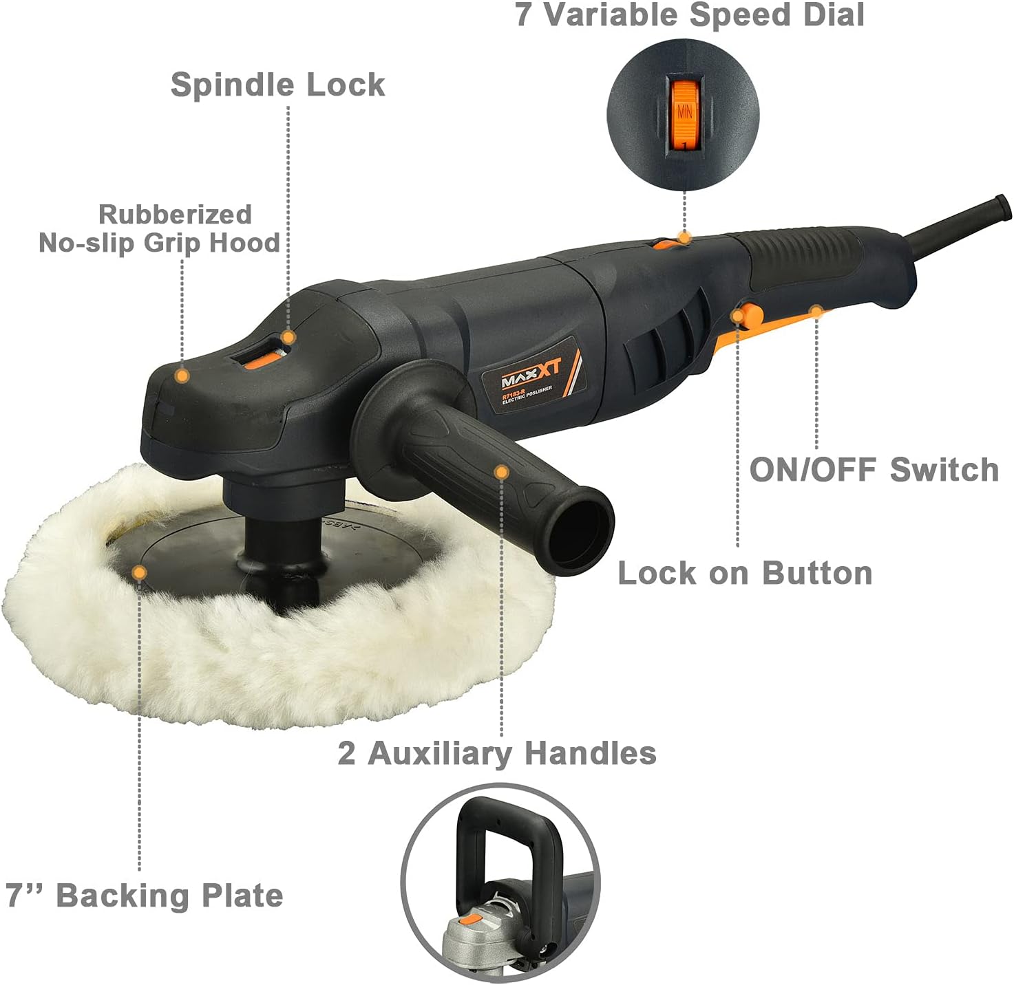 MAXXT Car Buffer Polisher Rotary Variable Speed Car Polishing Machine 7 Inch Car Detailing Kit with D and Side Handle, Woolen fleece hood