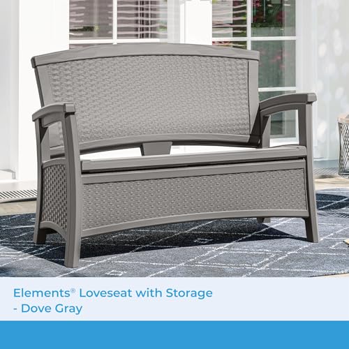 Suncast Elements Stylish Lightweight Loveseat Outdoor Seating with Convenient Built In Universal Storage, and All Weather Plastic, White