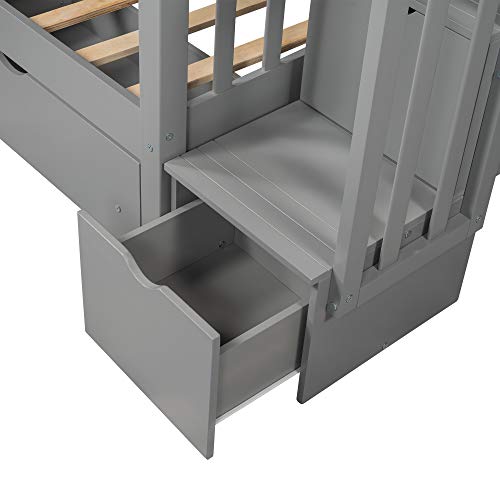 Ball & Cast Twin-Over-Twin Bunk Bed with Twin-Size Trundle and 3 Storage Stairs,Wood Bunkbed w/Full-Length Guardrails,Slat Support