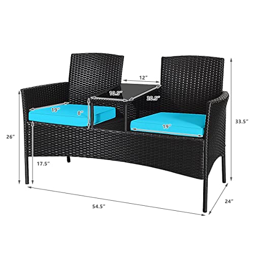 LDAILY Patio Conversation Set, Modern Rattan Loveseat, Outdoor Furniture Set with Removable Cushions & Table, Patio Wicker Sofa Set