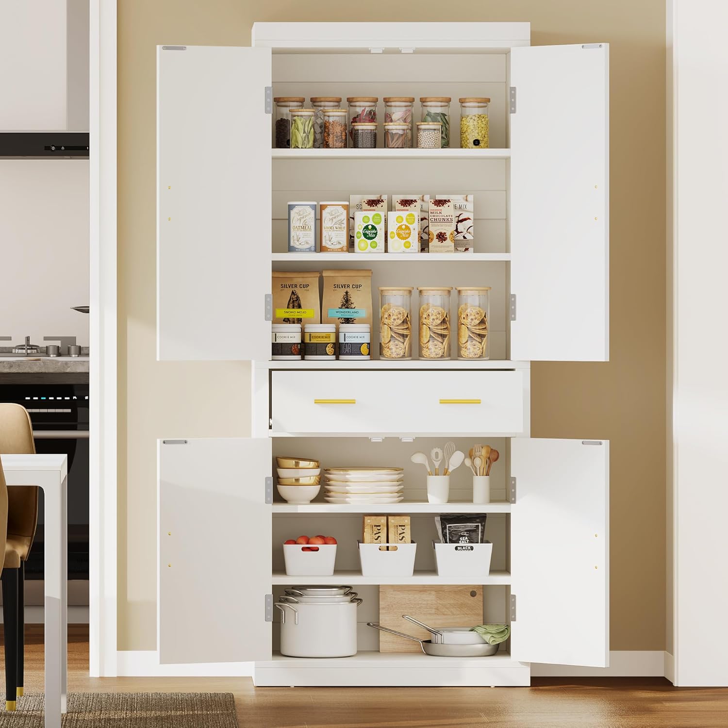 YITAHOME Pantry Cabinet, 72" Tall Kitchen Cabinet with Carved Design Doors