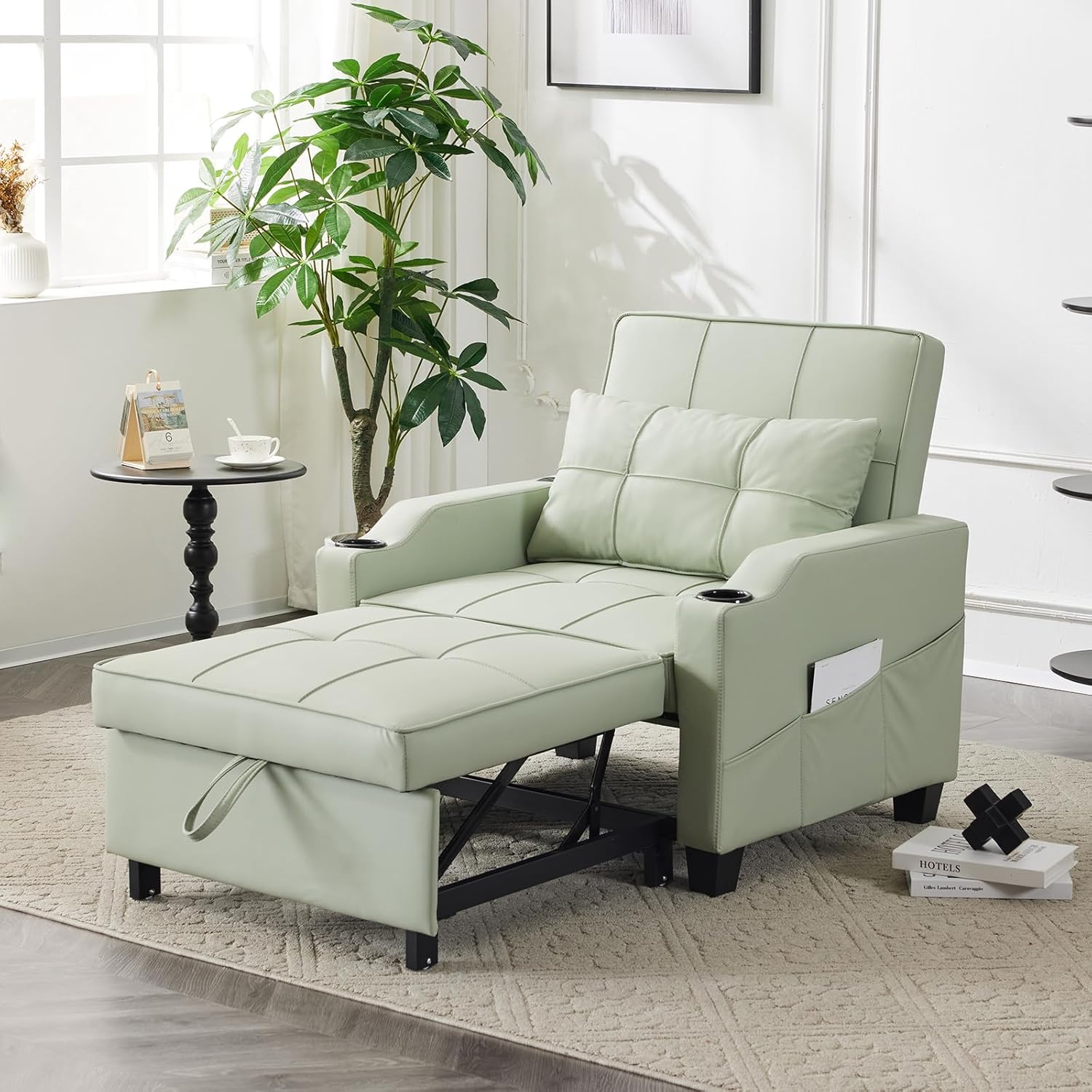 Karl home Sleeper Chair 3-in-1 Pull Out Sofa Bed Convertible Reading Chair with USB/Type C Ports Adjustable Sofa Bed with Cup Holders