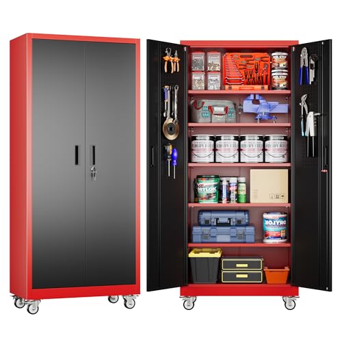 71" Metal Storage Cabinet with Wheels and Pegboard, Lockable Rolling Steel Storage Cabinet with 5 Adjustable Shelves and Door for Garage, Office