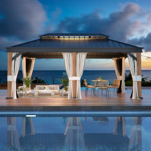 EROMMY 12'x20' Hardtop Gazebo Double Roof Galvanized Steel Canopy Outdoor Aluminum Frame Permanent Metal Pavilion with Netting and Curtains for Patio