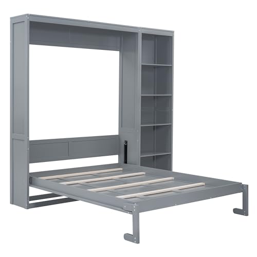 MERITLINE Queen Murphy Bed with Storage Bookcase Shelves,Wood Folding Grey Murphy Wall Bed Cabinet