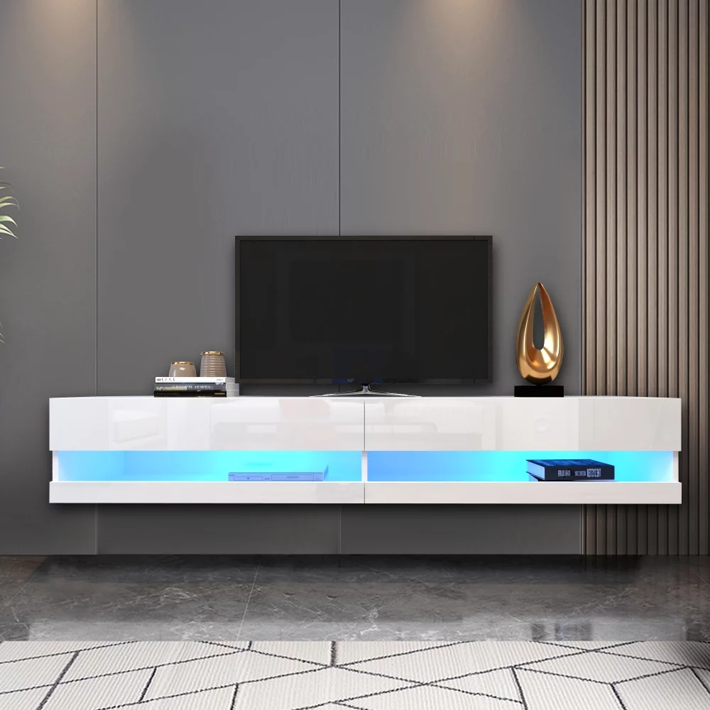 180 Wall Mounted Floating 80" TV Stand with 20 Color LEDs White Entertainment Center TV Console Storage Cabinets for Living Room Bedroom