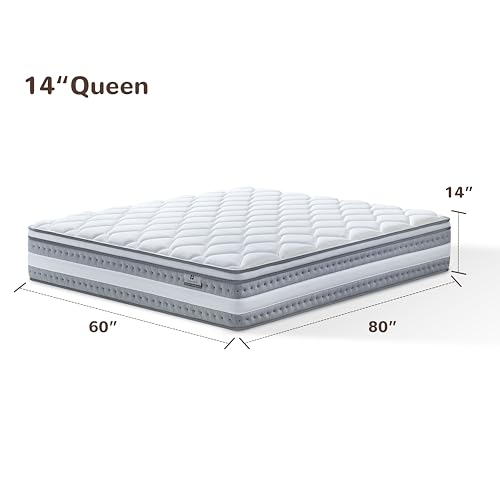 Queen Mattress, 14 Inch Hybrid Mattresses in a Box, Individually Wrapped Pocket Coils for Isolate Motion, Gel Memory Foam, Medium Firm Support
