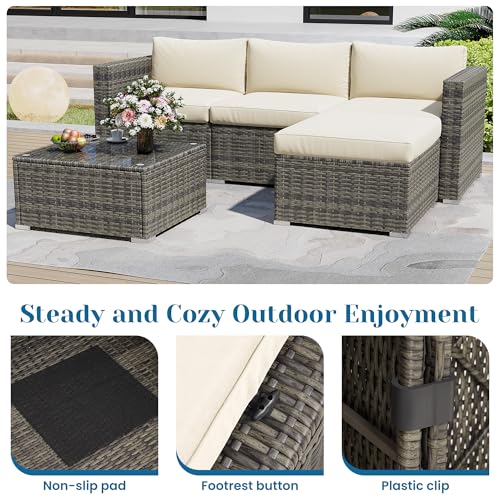 7 Pieces Outdoor Patio Furniture Sets with Glass Tea Table, PE Rattan Wicker Patio Conversation Set with Washable Cushions