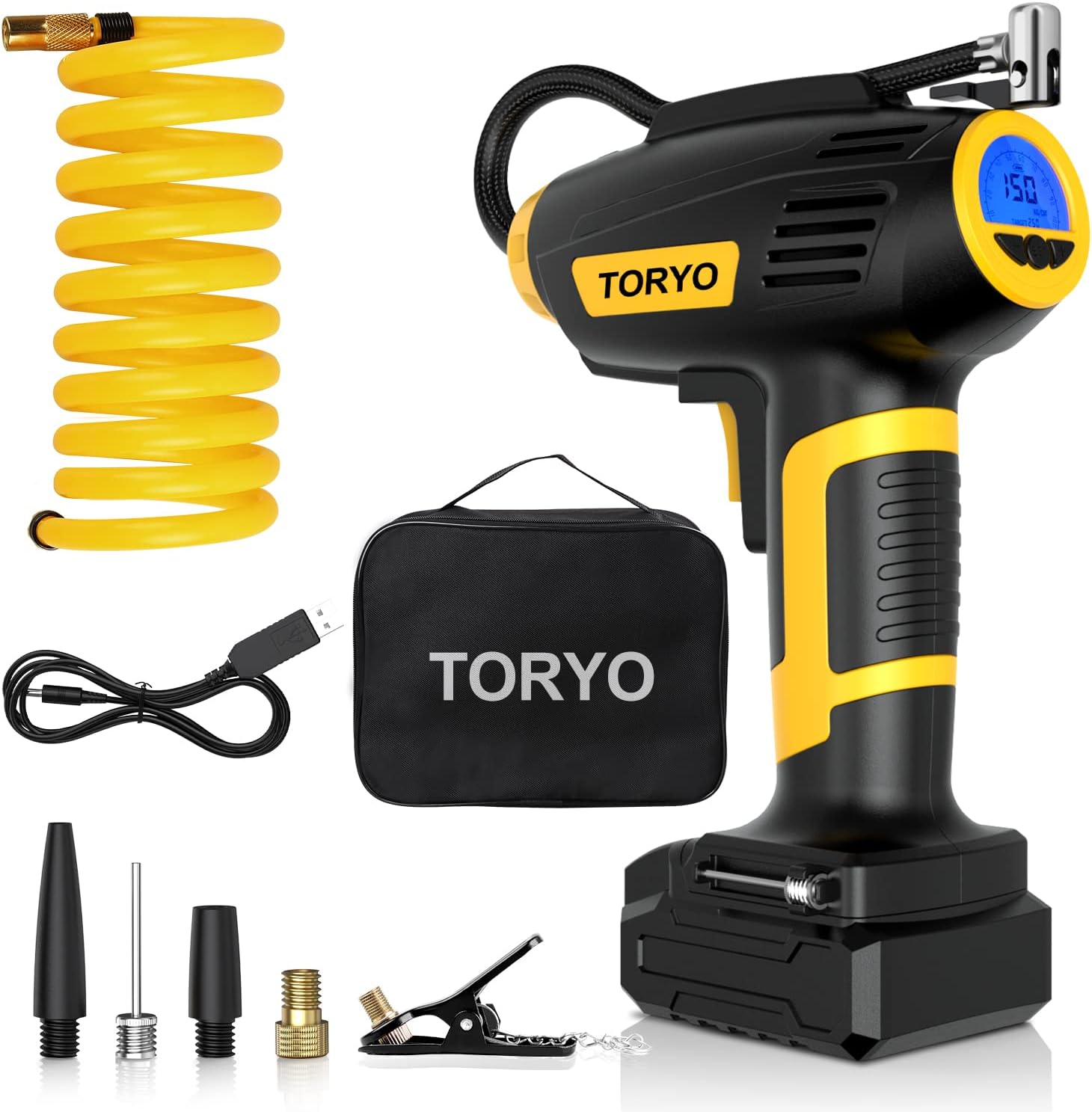 TORYO Tire Inflator, 20V 150PSI Portable Air Compressor Cordless Tire Pump with 2500mAh Rechargeable Li-ion Battery& 12V Car Power Adapter