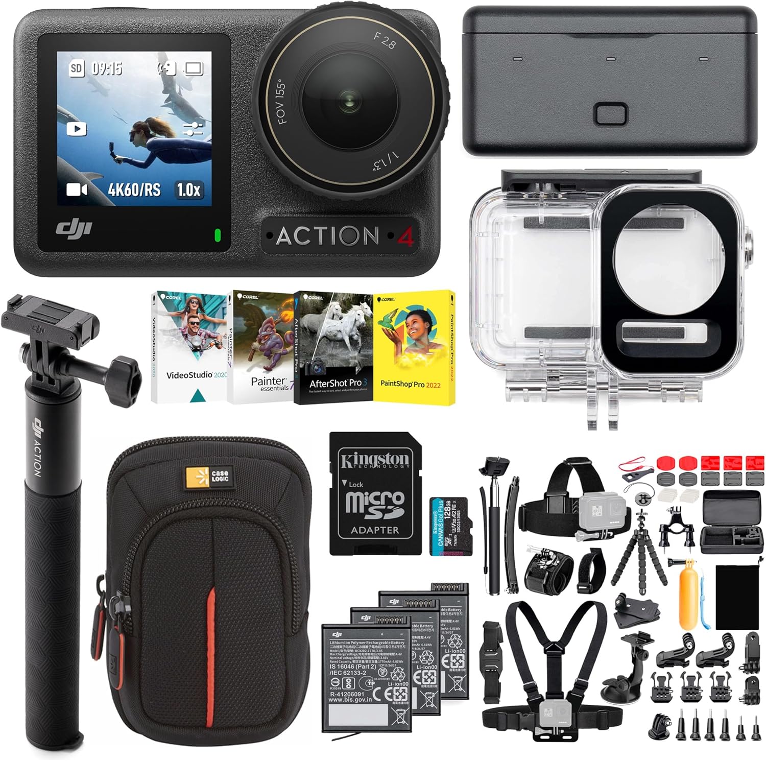 DJI Osmo Action 4 Camera Adventure Combo Waterproof Bundle with 50 Piece Accessory Kit, Memory Card and Software - 1/1.3 Sensor, Low-Light Imaging