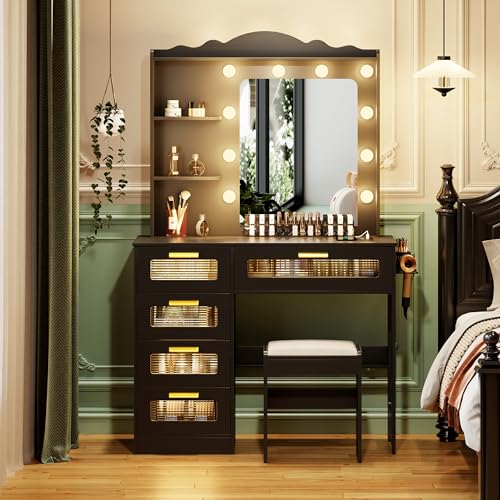 Makeup Vanity Desk with Mirror and Lights-Vanity Table with 5 Drawers&2 Shelves-Vanity Set for Bedroom-Dressing Table with 10 Light Bulbs-Desk Vanity
