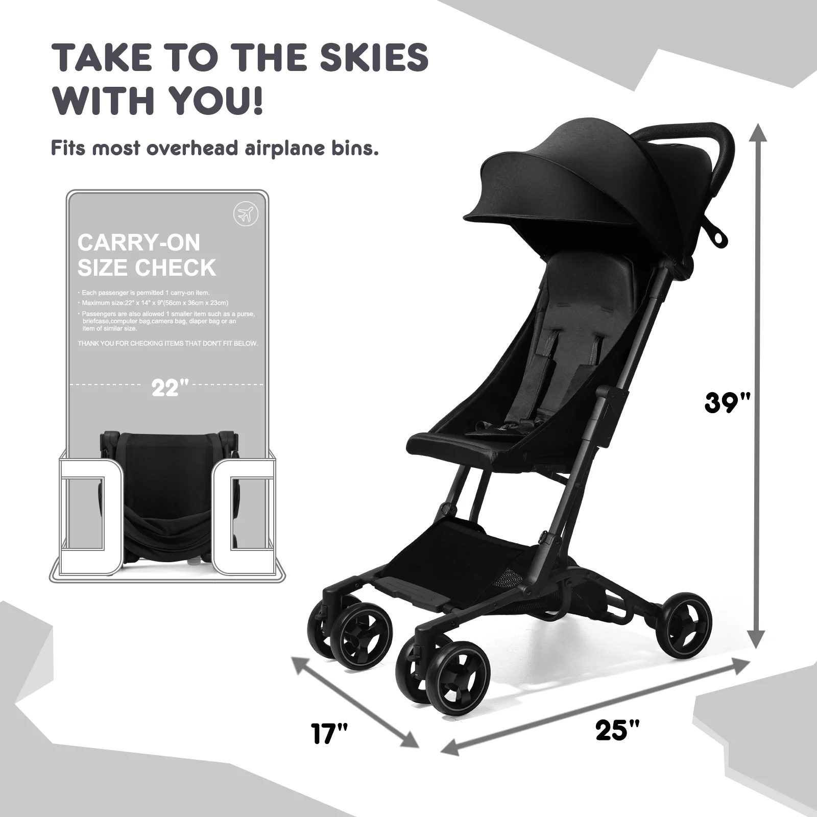 HARPPA Lightweight Travel Stroller, Compact Umbrella Stroller for Babies, Easy Folding, Black