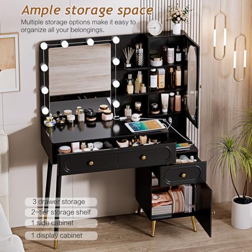 Vanity Desk with Mirror and Lights, with Power Outlet and 10 Lights Modern Capacity Makeup Vanity with 3 Drawers, Makeup Table for Bedroom