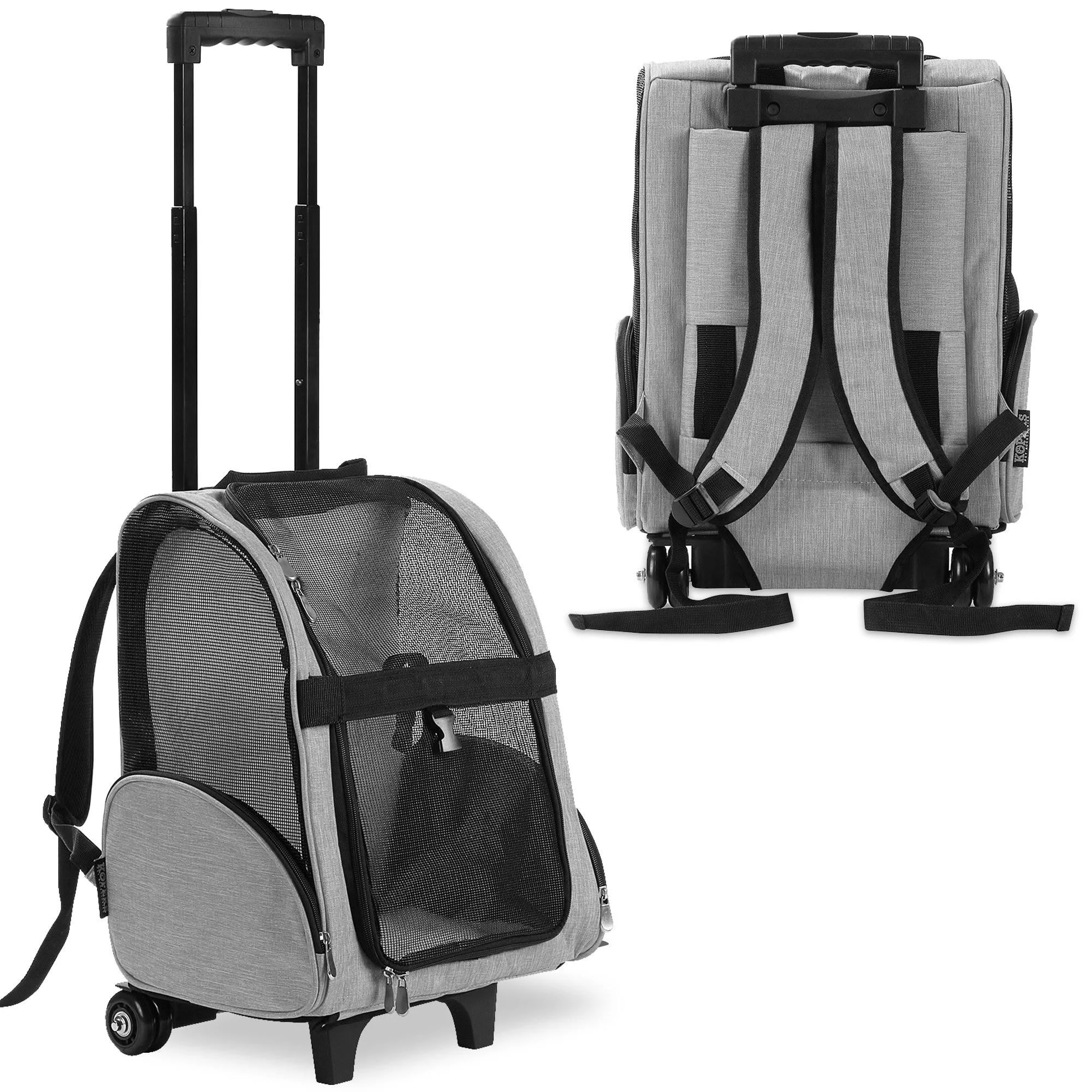 Kopeks Pet Dog Travel Carrier Backpack Deluxe with Wheels Approved by Most Airlines - Heather Grey