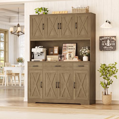 HOSTACK 71" Tall Kitchen Pantry Storage Cabinet with Charging Station, 55" Wide Kitchen Hutch Cabinet with Large Countertop
