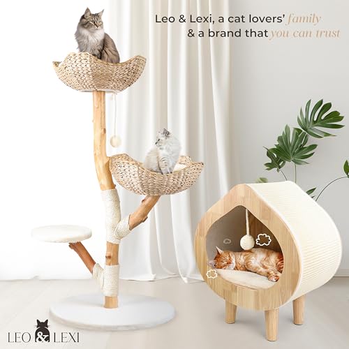 Real Wood Modern Cat Tree Tower, Cat Scratching Post with Bed for Indoor Cats Large Adult, Solid Wooden Climbing Tower, Cute Wicker Condo