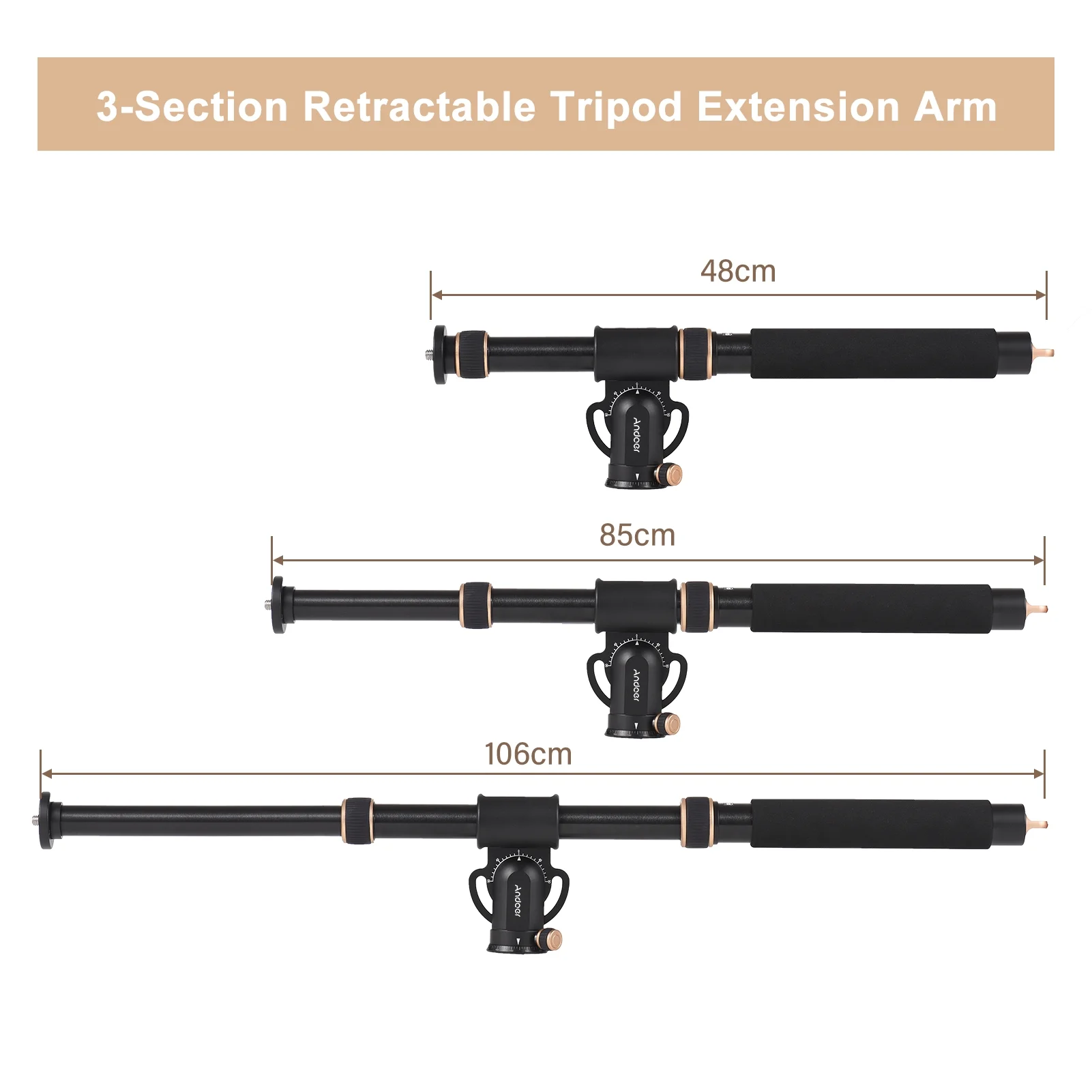 7299 Universal Tripod Extension Arm Aluminum Alloy Detachable Extender Horizontal Centre Column for Tripod 48-106cm Retractable Tripod Boom Arm with