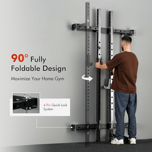 Mikolo 2" x 2" Folding Wall Mounted Squat Rack, 1000 Pounds Capacity Power Rack with Pull Up Bar, J Hooks and Other Attachments, Space-Saving Home Gym
