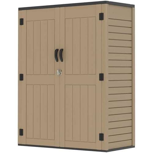 GOOBED Vertical Outdoor Storage Shed, 59 Cubic Feet Resin Tall Shed, Lockable Waterproof Tool Organizer for Garden, Garage, Patio, No Shelves (Brown)