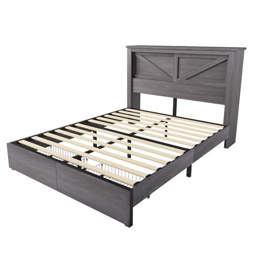 AMERLIFE 47.2" H King Bed Frame with Hidden Space Bookcase Headboard and Charging Station, Beds with 2 Storage Drawers and Wood Slats