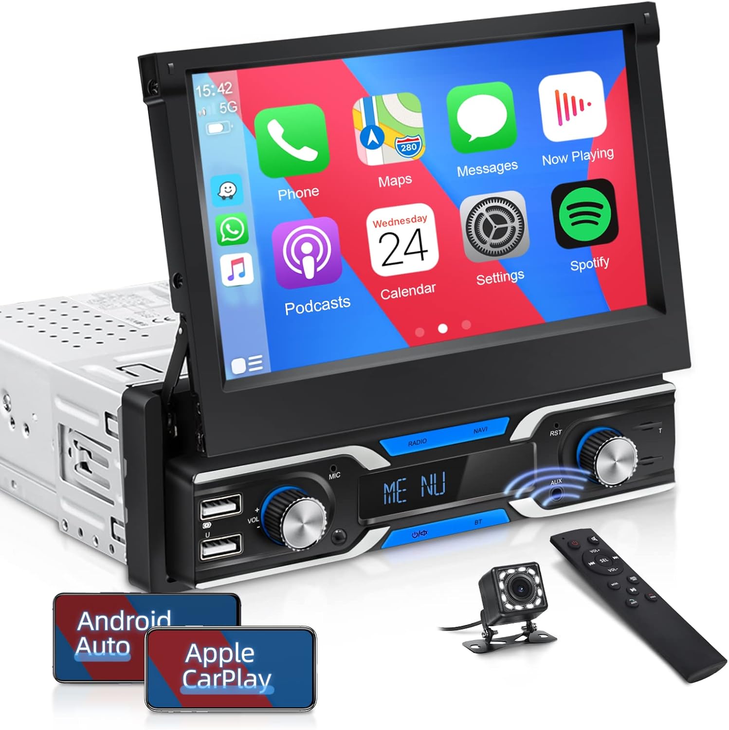 Single Din Car Stereo with CarPlay ,EKAT 7 Inch Flip Out Touchscreen Car Radio Receicer Supports Bluetooth FM Mirror Link for Android/iOS