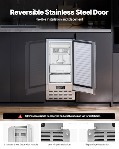 VEVOR Under Counter Ice Maker Machine, Crescent Ice, 25 Lbs/Day Stainless Steel Built in Ice Maker with Reversible Door