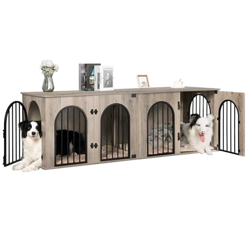 71" Dog Crate Furniture for 2 Dogs, Heavy Duty Indoor Dog Kennel TV Stand, XXL Wooden Dog Cage with Divider for Medium Large Dogs