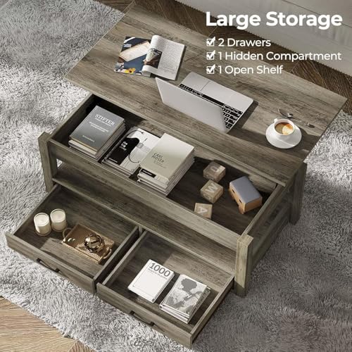 Rolanstar Coffee Table, Lift Top Coffee Table with Drawers and Hidden Compartment, Retro Central Table with Wooden Lift Tabletop, for Living Room