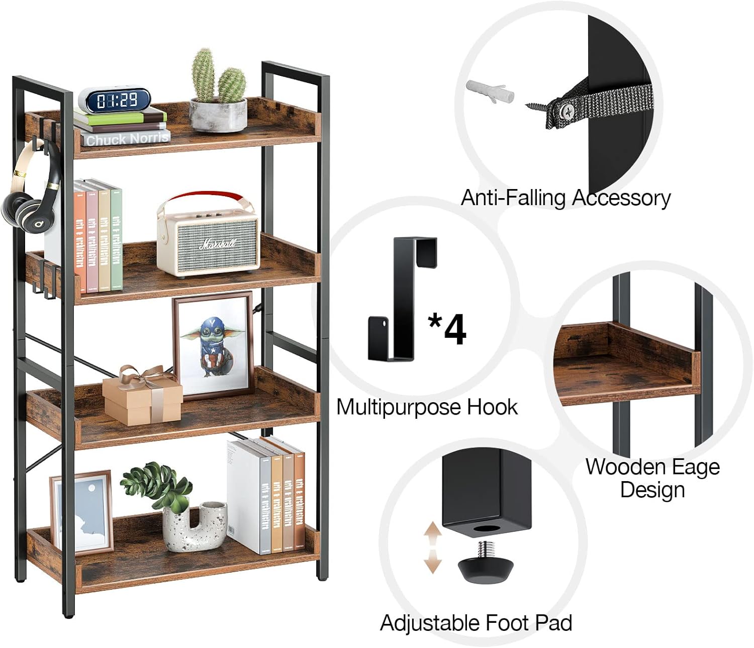 Rolanstar 5 Tier Bookshelf, Industrial Wood Bookcase with 4 Hooks, Vintage Storage Rack with Open Shelves