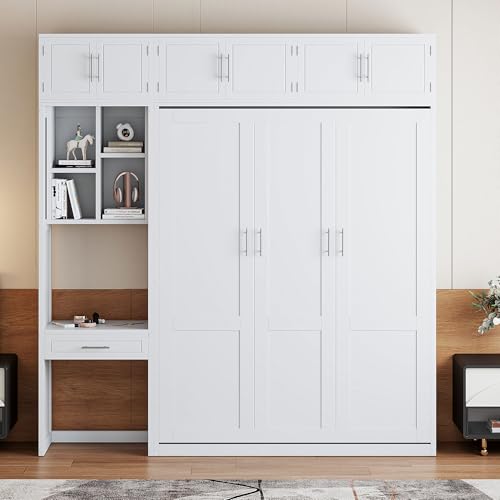 Polibi Full Size Wall Murphy Bed with Built-in Desk & Shelves - Multi-Functional Wall Bed for Small Apartments, 3 Storage Cabinets