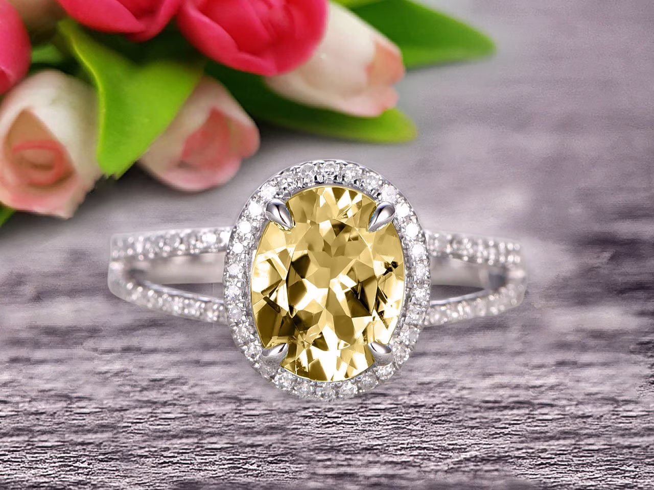 2.25 Carat 8x6mm Oval Shape Gemstone With Split Shank Halo Design Champagne Diamond Moissanite Engagement Ring Wedding Ring Anniversary Gift On 10k