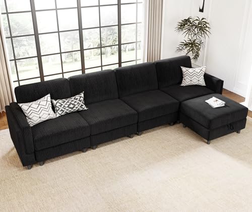 KKL Modular Sectional Sofa Bed with Storage Ottoman, Convertible L/U-Shaped Sleeper Couch for Living Room, Modern Reversible Design, Beige