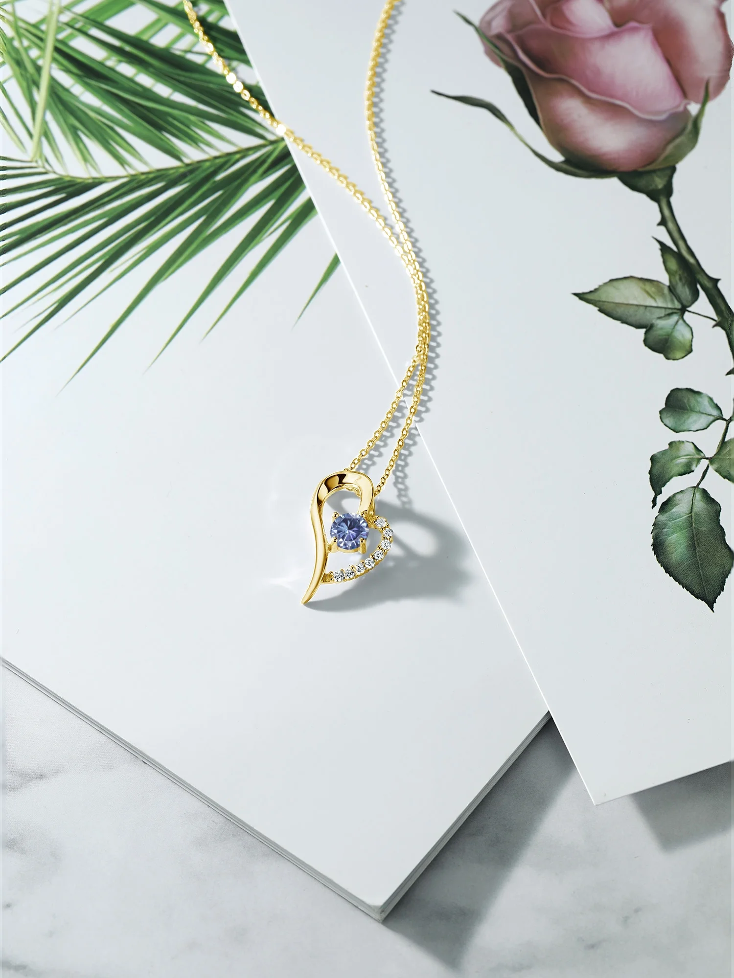 Gem Stone King 18K Yellow Gold Plated Silver Persian Blue Moissanite Heart Shape Pendant Necklace For Women (0.92 Cttw, Round 6MM