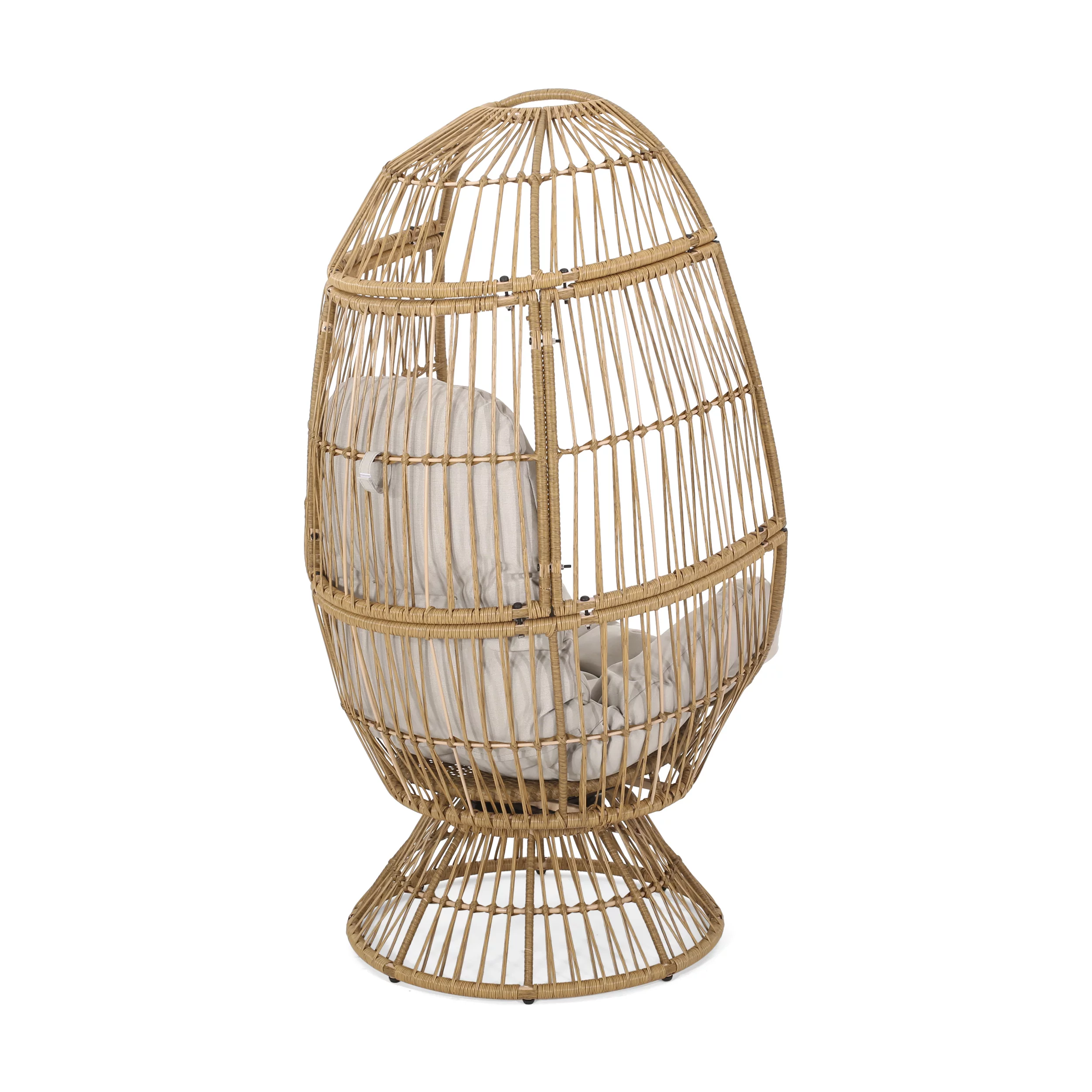 Noble House Adaline Outdoor Wicker Swivel Egg Chair with Cushion, Light Brown, Beige