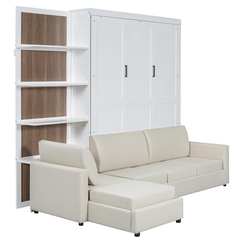 HABITRIO Queen Size Murphy Bed, Wooden Queen Murphy Bed Frame with Shelves, Wall Bed with L-Shape Sofa, White