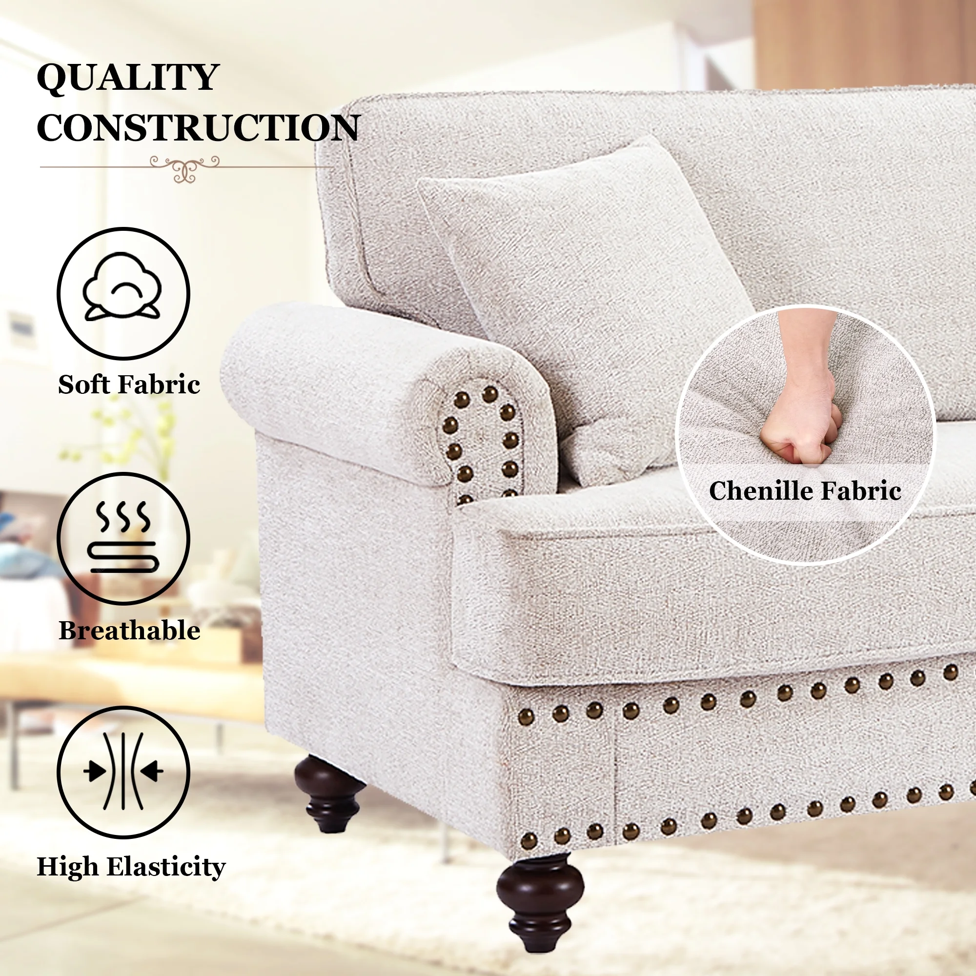 Muumblus Mid-Century Loveseat Sofa, 2 Seater Sofa with Nailhead, 61" Chenille Upholstered Couches for Living Room, White