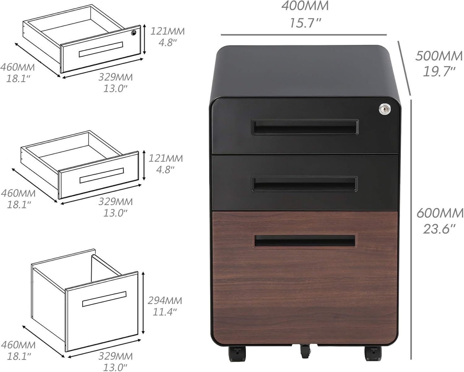 FENGE 3 Drawer Slim Vertical Locking Mobile File Cabinet with Casters Metal Filing Cabinet for Letter/Legal Size FC304001MB
