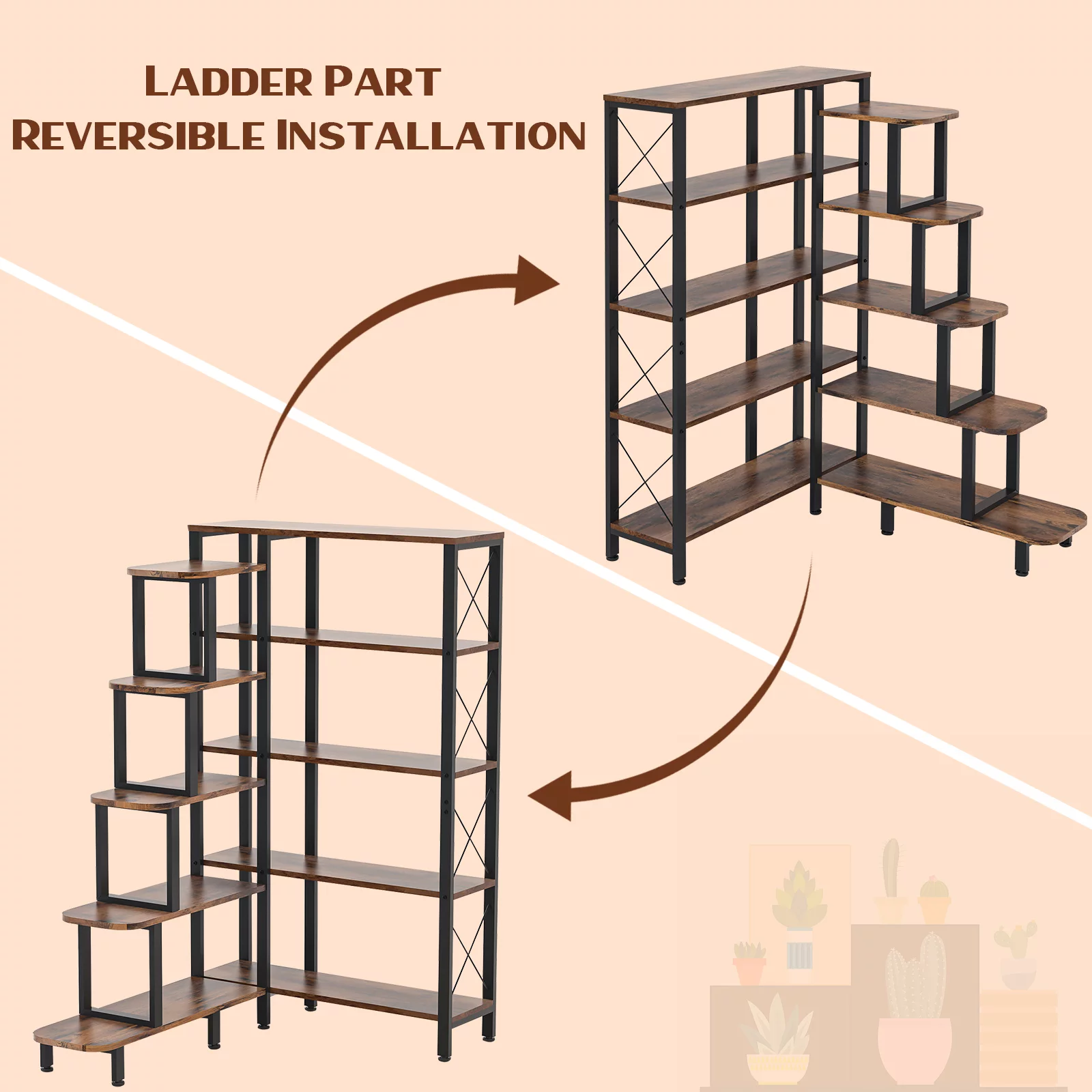 Corner Bookshelf Bookcase, Large Reversible 5 Tier Ladder Shelves Storage Display Rack with Metal Frame