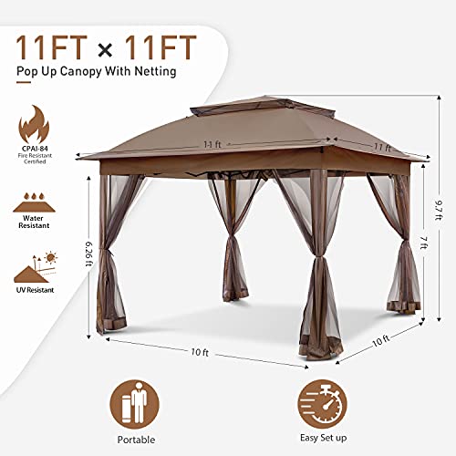 COOS BAY 11x11 Pop Up Instant Gazebo Tent with Mosquito Netting Outdoor Canopy Shelter with 121 Square Feet of Shade (Beige)