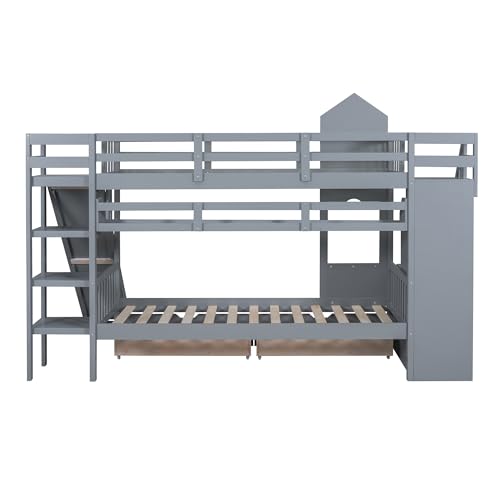 SOFTSEA Twin Over Twin Bunk Bed with Slide and Storage Solid Wood Bunk Bed Frame with Staircase and Drawers, Pink