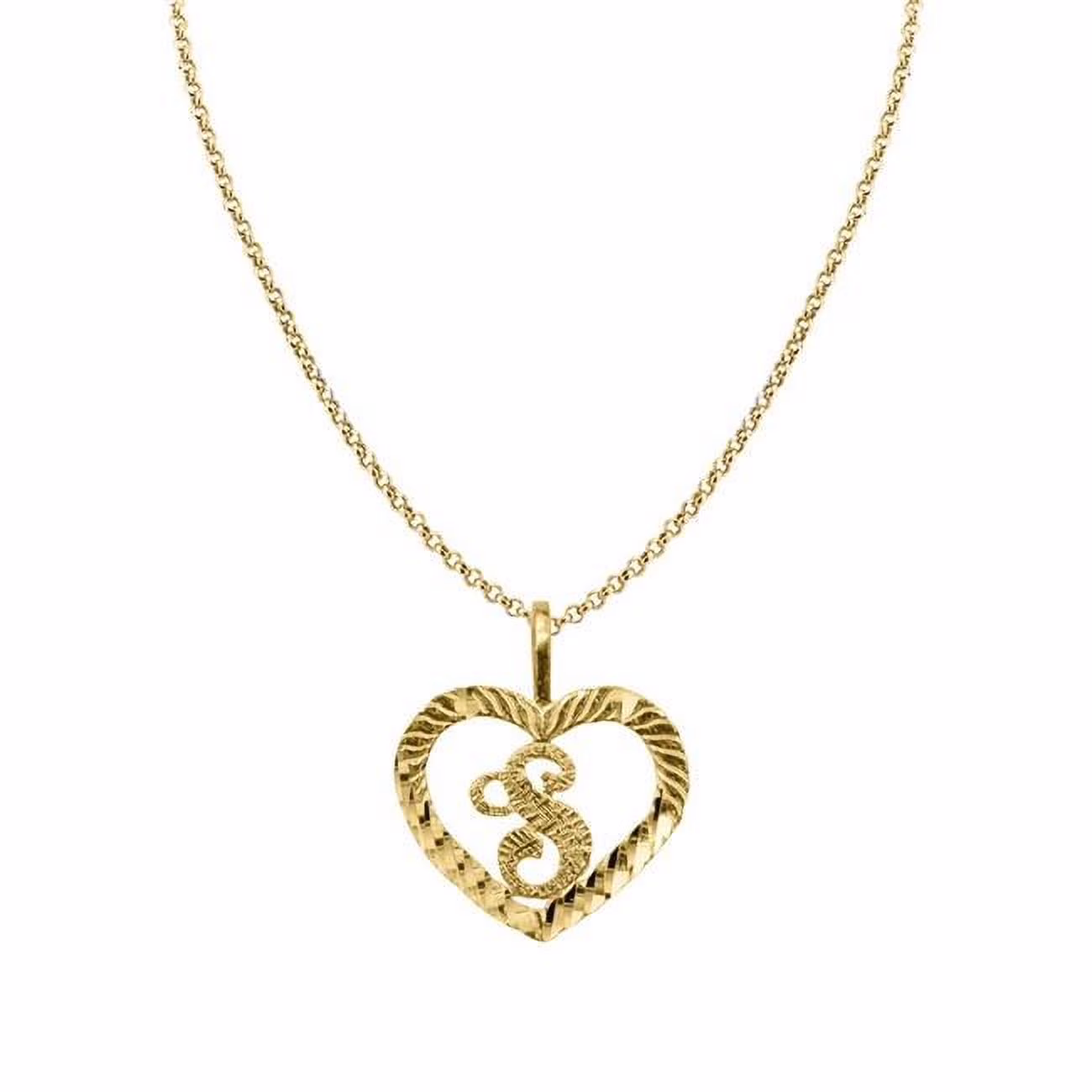Precious Stars  20 in. 14K Yellow Gold Diamond-Cut Heart-Shaped Initial Letter S Pendant with 1.2 mm Rolo Chain
