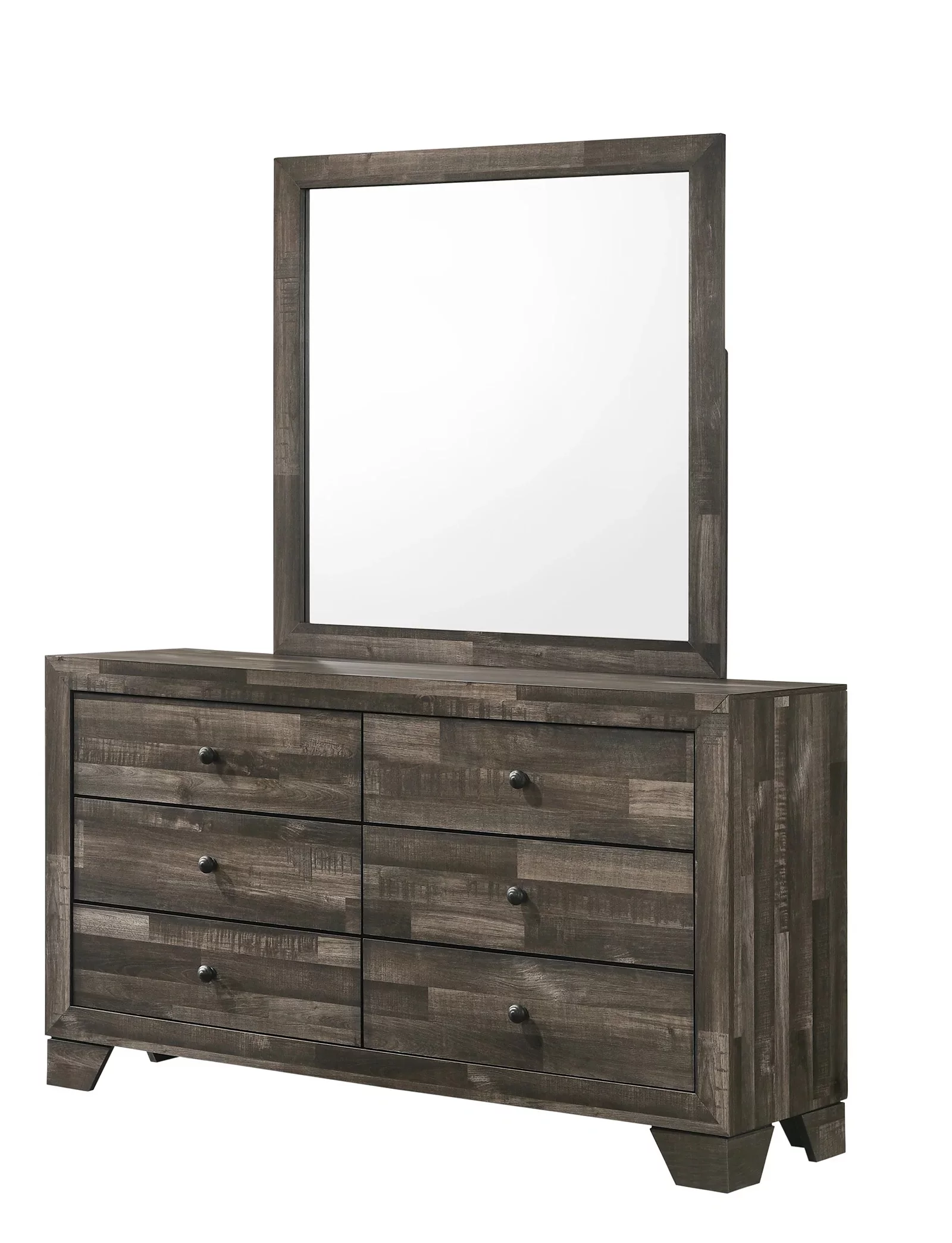 Rustic Brown Finish 4pc Queen Size Platform Bedroom Set Bed Dresser Mirror Nightstand Wooden Furniture