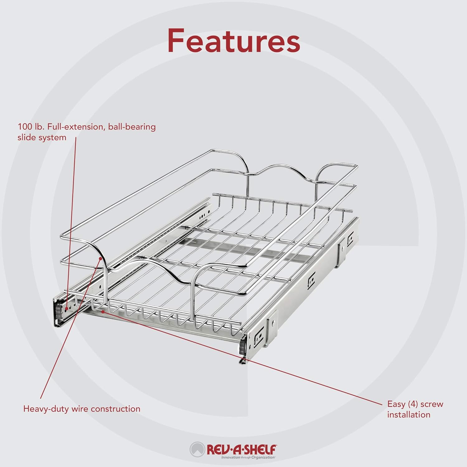 Rev-A-Shelf 5WB1-1222CR-1 12 Inch x 22 Inch Single Wire Basket Sliding Pull Out Shelf Storage Fully Assembled Durable Organizer for Kitchen Base