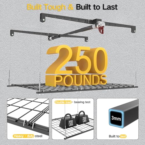 Overhead Garage Storage Rack, 4x4 Ft Adjustable Garage Ceiling Storage Lift, Heavy-Duty Ceiling Mounted Storage Lift System for Garage Organization