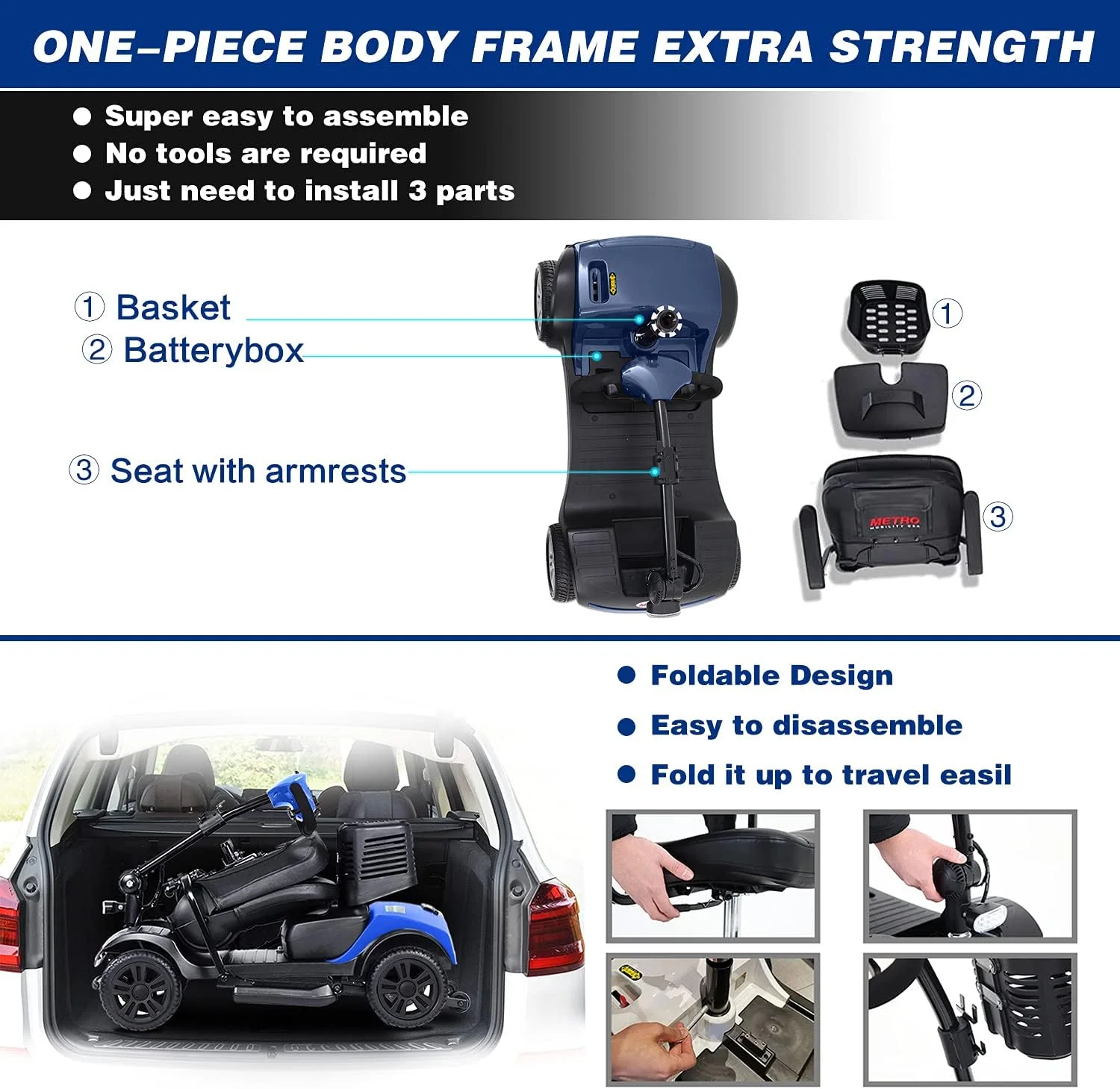 Outdoor Compact Mobility Scooter with Front & Back Light, Foldable Electric Powered Mobile Wheelchair for Seniors, Adults